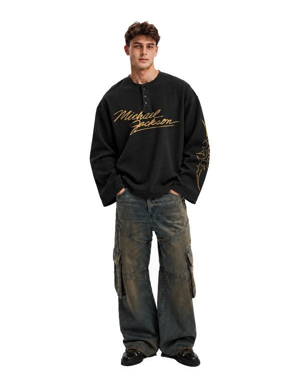 Retro Michael Jackson Waffle Henley - Image 2